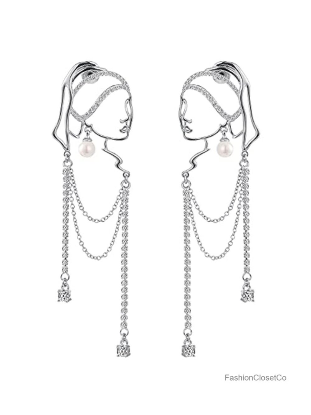 Abstract Face Art Dangle Earrings Rhinestone Tassel Handmade Chandelier